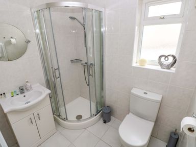 A bathroom with a shower, toilet and sink at Burry House Llanmorlais