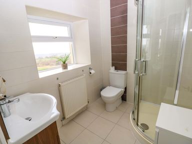 A bathroom with a sink toilet shower and window at Burry House Llanmorlais