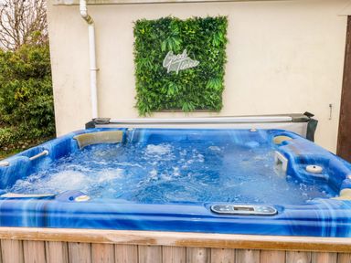 A hot tub with water and greenery background at Burry House in Llanmorlais