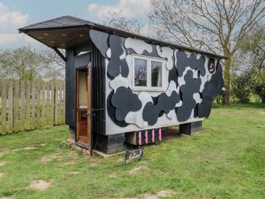A small building painted with black and white cow patterns on grass near a wooden fence at Buttercup Cow Shed 3 in Easton near Campsea Ashe