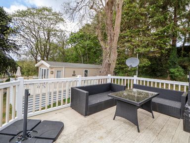 An outdoor patio with black wicker furniture and a glass table near a beige cabin surrounded by trees at 155 Woodland Hall Lyons in Ruthin