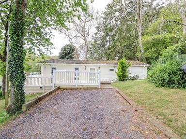 A single-story house with a white railing deck and gravel driveway surrounded by trees and shrubs at 155 Woodland Hall Lyons in Ruthin