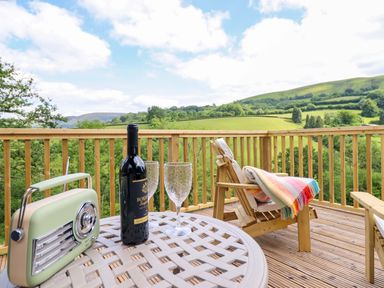 A table with wine, glasses, and a radio on a deck at The Owlet in Dolwen near Llanidloes