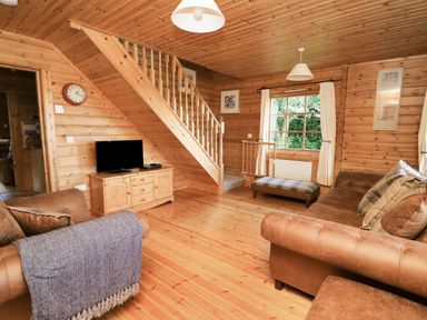 A living room with a sofa and television at Dan Y Coed in Beggar's Bush near Presteigne