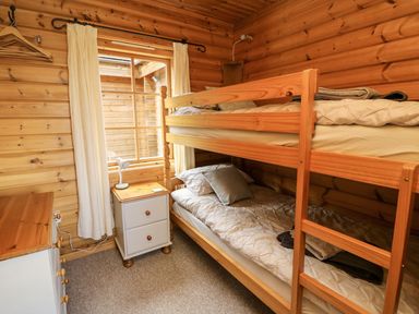 A bedroom with a bunk bed and a nightstand at Dan Y Coed Beggar's Bush near Presteigne