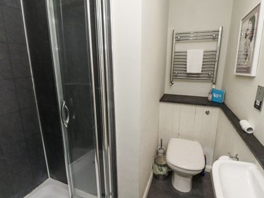 A bathroom with a shower, toilet, towel rail, and sink at Elford Farmhouse in Seahouses