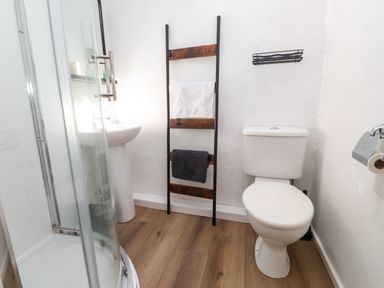 A bathroom with shower, pedestal sink, toilet, towel ladder, and wooden floor at 4 Old Tanrhiw in Beddgelert