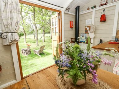 An indoor dining area with a flower vase on the table wooden floor and view of a garden with trees and a wooden chair at Sika in Warmwell