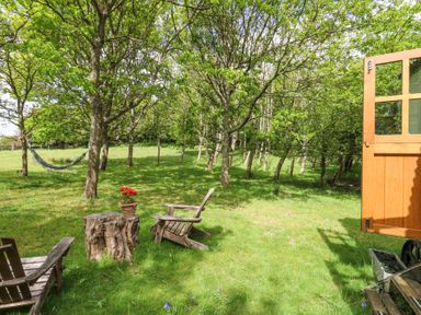 A garden with wooden chairs a hammock and a potted plant near trees at Sika in Warmwell