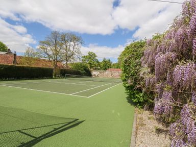 An outdoor tennis court with green surface and white lines surrounded by trees and flowering plants at Sika in Warmwell