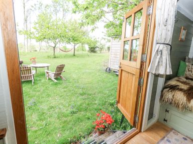 A view through an open wooden door to a garden with two wooden chairs a round table trees and a hammock at Fallow in Warmwell