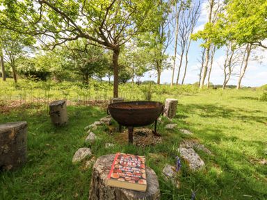 A fire pit with stone seats around it in a grassy area with trees and a book on a tree stump at Fallow in Warmwell