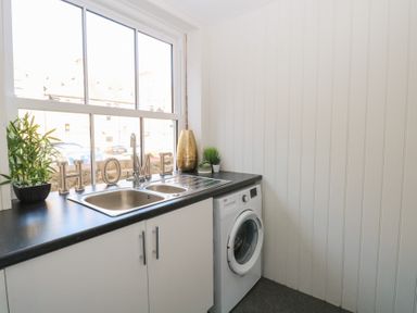 A utility room with a sink washing machine and decorative plants on the countertop at The Burleigh in Hunstanton