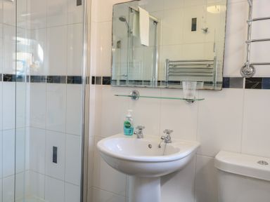 A bathroom with a shower enclosure a pedestal sink with two taps a wall mirror a glass shelf with a cup and soap dispenser and a toilet at The Burleigh in Hunstanton