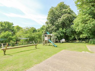 A grassy outdoor area with a wooden playset including a slide and swings surrounded by trees at Moonlight in Ventnor