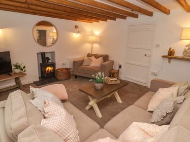 A living room with a sofa and fireplace at Penwyn in Solva