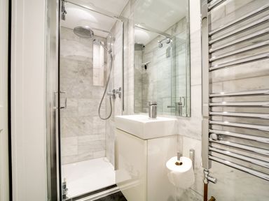 A bathroom with a shower, sink, and towel rail at Church Hill House in Port Isaac