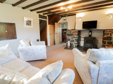 A living room with sofas and an armchair facing a TV above a stone fireplace at Dwynant in Bontddu near Dolgellau