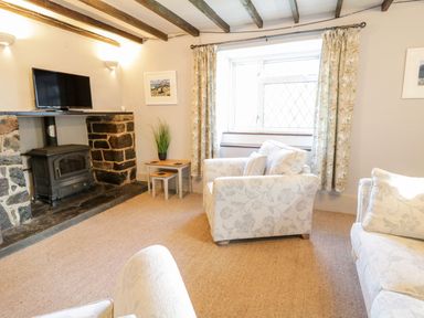 A living room with two armchairs a sofa a wood burning stove and a television at Dwynant in Bontddu near Dolgellau