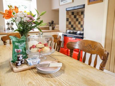 A kitchen table with flowers scones strawberries jam plates and knives and a red stove in the background at Dwynant in Bontddu near Dolgellau