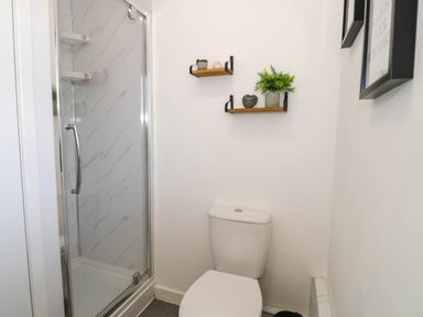 A bathroom with a toilet and a glass shower enclosure with shelves and decorative wall shelves at Gilfach Bach in Dolgellau