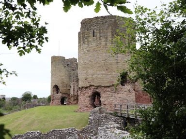 Stone ruins of a castle with large round towers on a grassy area surrounded by trees at Pen Y Frith Bungalow in Prestatyn