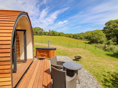 A wooden pod with outdoor seating and a hot tub in a grassy field at Briallen in Bontddu near Dolgellau