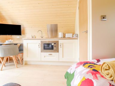 A small kitchen area with a microwave oven under the counter alongside a sink toaster and kettle next to a dining table with grey chairs and a television on a wooden wall at Briallen in Bontddu near Dolgellau