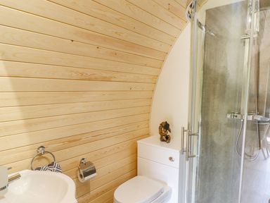A bathroom with a sink toilet and a glass shower enclosure at Briallen in Bontddu near Dolgellau