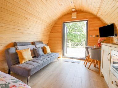 A small room with wooden curved walls a gray sofa with cushions a table with chairs a TV and an open door showing greenery outside at Eirlys in Bontddu near Dolgellau