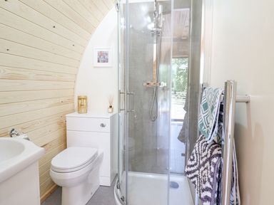 A bathroom with a toilet next to a glass shower and a towel rack with towels at Eirlys in Bontddu near Dolgellau