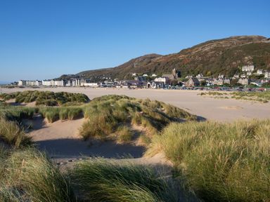 A sandy beach with grass dunes and a town with buildings and hills in the background at Eirlys in Bontddu near Dolgellau