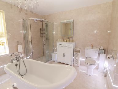 A bathroom with a freestanding bathtub a glass shower enclosure a toilet and a white cabinet with a mirror above at Killelton Cottage in Camp County Kerry