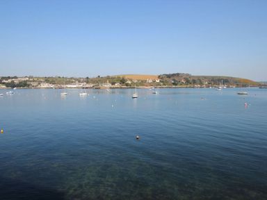 A calm body of water with several sailboats and buoys with a shoreline and buildings in the background at Tobys Quay in Falmouth