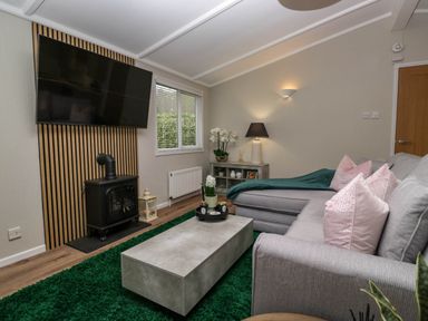 A living room with a gray sectional sofa with pink pillows a concrete coffee table a black stove under a mounted TV and a side table with a lamp at Robins Lodge White Cross Bay near Troutbeck Bridge