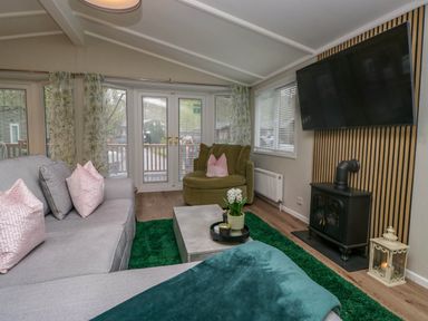 A living room with a gray sofa and pink pillows a green armchair a wall-mounted television and a stove at Robin's Lodge White Cross Bay near Troutbeck Bridge