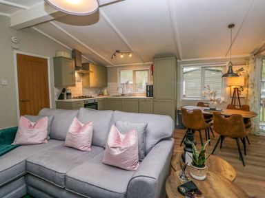 A living room with a gray sofa and pink cushions next to a kitchen with green cabinets and a dining table with brown chairs at Robins Lodge White Cross Bay near Troutbeck Bridge