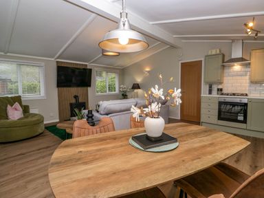 An open plan living room and kitchen with a wooden dining table with flower vase at Robins Lodge White Cross Bay near Troutbeck Bridge