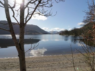 A lake with mountains in the background and bare trees in the foreground at Robins Lodge White Cross Bay near Troutbeck Bridge