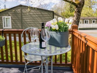 An outdoor patio table with two wine glasses a bottle of wine and a flower container on a deck with wooden railing at Robins Lodge White Cross Bay near Troutbeck Bridge