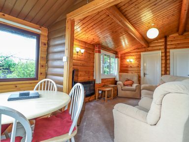 A living room with a dining table and sofa at Y Bwthyn Pren, Cabin 209, Trawsfynydd