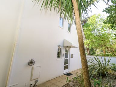 The exterior side of a white building with a door and windows surrounded by a tiled pathway and green plants at 6 Red Sails in Sandbanks