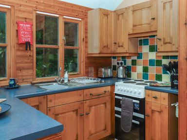 A kitchen with wooden cabinets and appliances at The Boat House in Ashprington