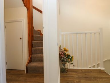 A hallway with wooden stairs carpeted in beige a small door with a wooden knob and a vase with flowers on the floor at Breakers Point in St Ives