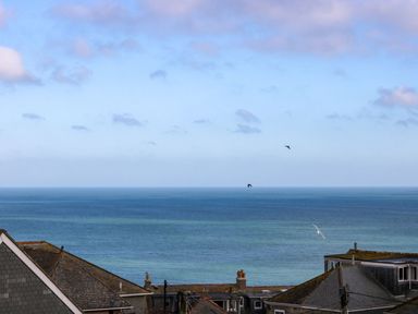 An ocean view with rooftops in the foreground and birds flying at Breakers Point in St Ives