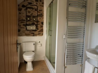 A bathroom with a toilet, shower, and sink at Rhianfa in Newborough