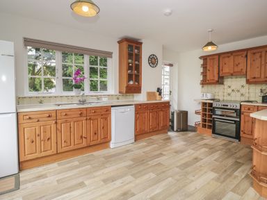 A kitchen with wooden cabinets and appliances at Cumbria house 