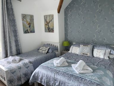 A bedroom with two beds and wall art at Noddfa Country House in Harlech