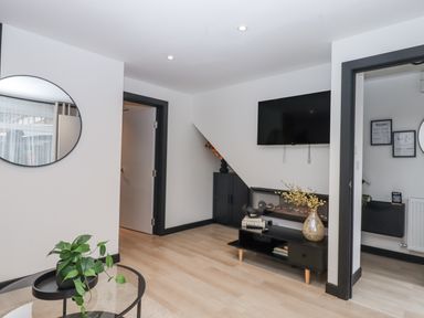 A living room with a TV and a plant at Milana in Tiverton