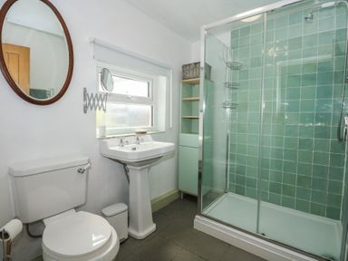 A bathroom with a toilet sink mirror window cabinet and glass shower enclosure with green tiles at Cobweb Cottage in Waunfawr